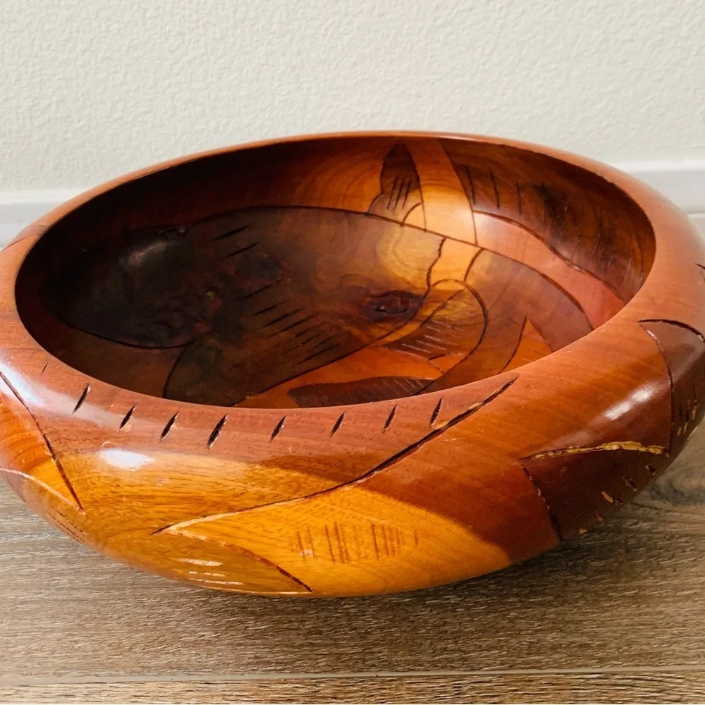Handcrafted Wooden Bowl with Fish Design